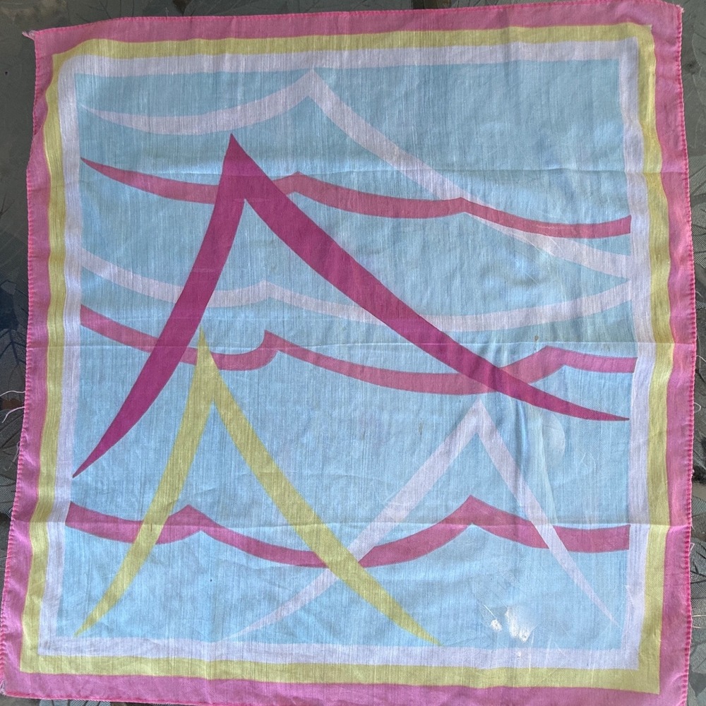 Vintage Abstract Geometric Silk Scarf Blue Pink Yellow Square Bandana‎